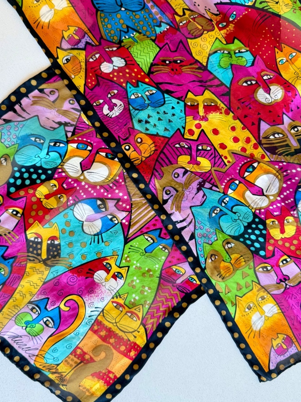 Laurel Burch Cats Silk Scarf Signed Vintage Multicolor